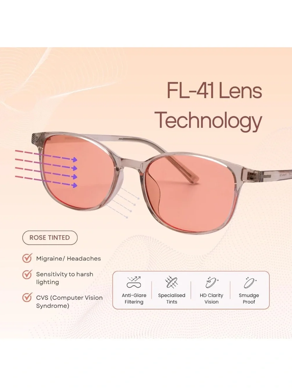 Blue Light Blocking Glasses, FL-41 Sunglasses, Rose Tinted — BRAND NEW IN BOX